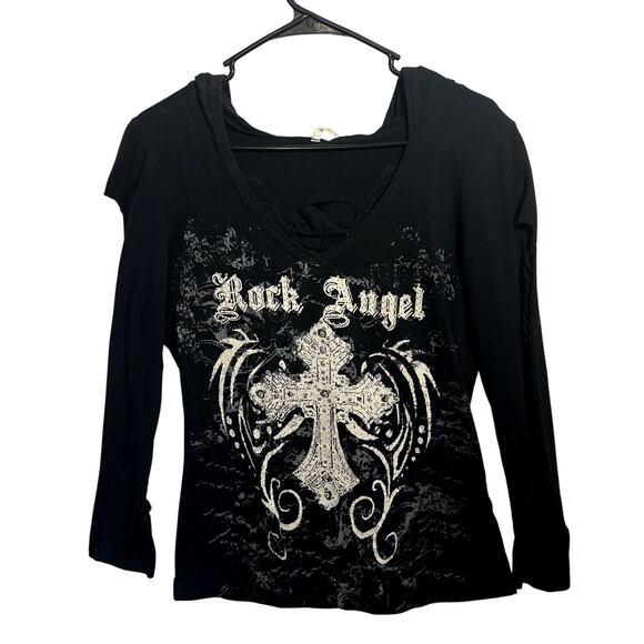 Bling Cross Lace Cut Out Top XL Rock Angel Spellout Western Cowgirl Jeweled Moto - Picture 1 of 8
